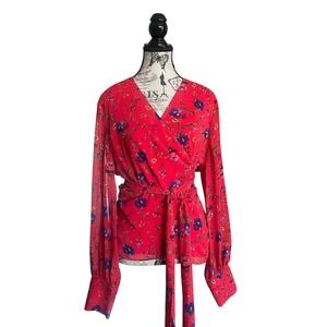 HOBBS London Elizabeth Red Floral Print Long‎ Sleeve Wrap Blouse US 14